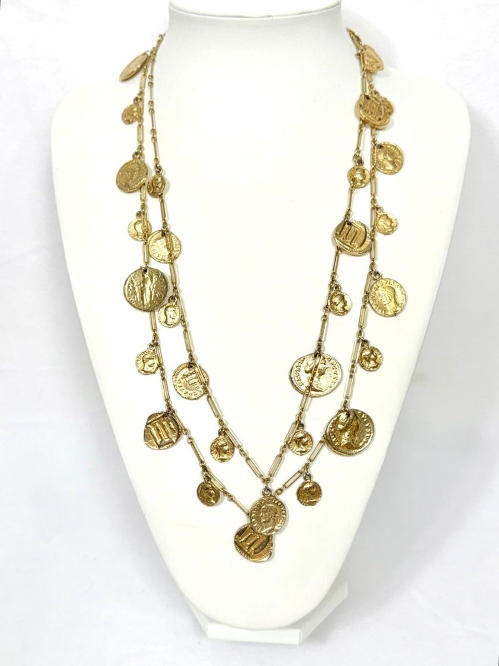 Vintage Roman Revival Gold-Tone Coin Charm 54"Necklace Accessocraft NYC 1980s
